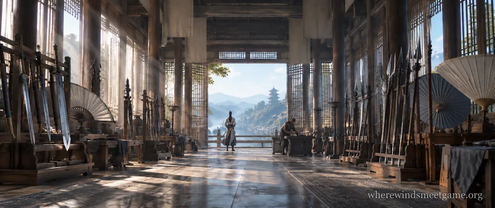 Illustration of a long display hall with swords, spears, broad blades, fans and umbrellas on wooden stands, sunlight through tall lattice windows and a pagoda seen through the far doorway